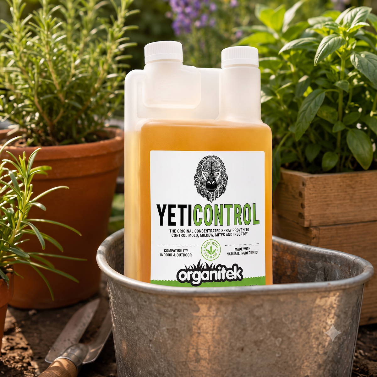 YetiControl Natural Plant Care in a garden bucket next to herbs