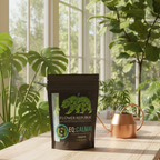 A pouch of Organitek Flower Republic EQ: CALMAG powder in a sunroom surrounded by a Monstera, Ferns and Fiddle Leaf Fig. 