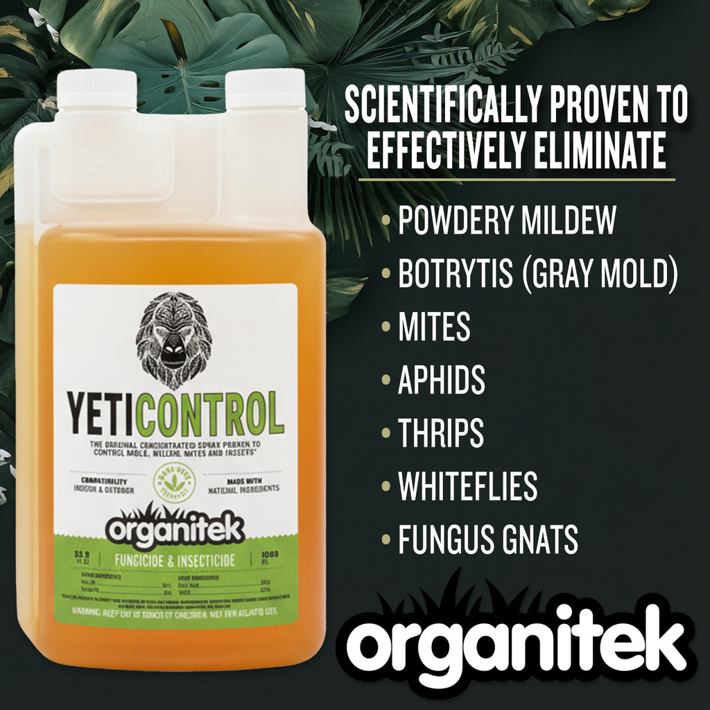 YetiControl is proven to eliminare powdery mildew, botrytis, mites, aphids, thrips, whiteflies and fungus gnats.