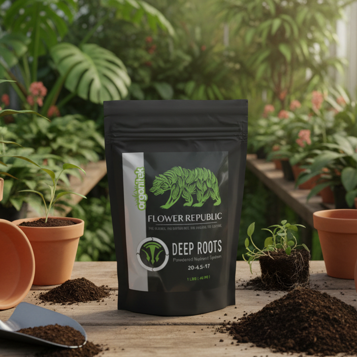 1 lb bag of Deep Roots powder concentrate on a workbench
