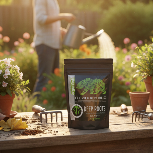 A black stand-up pouch of Flower Republic Deep Roots fertilizer sitting on a workbench in a garden. 