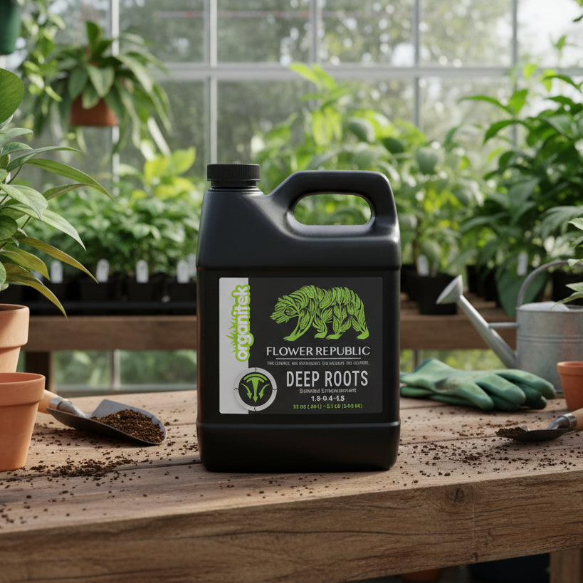 Organitek Deep Roots in 32 oz Liquid concentrate on a potting bench. 
