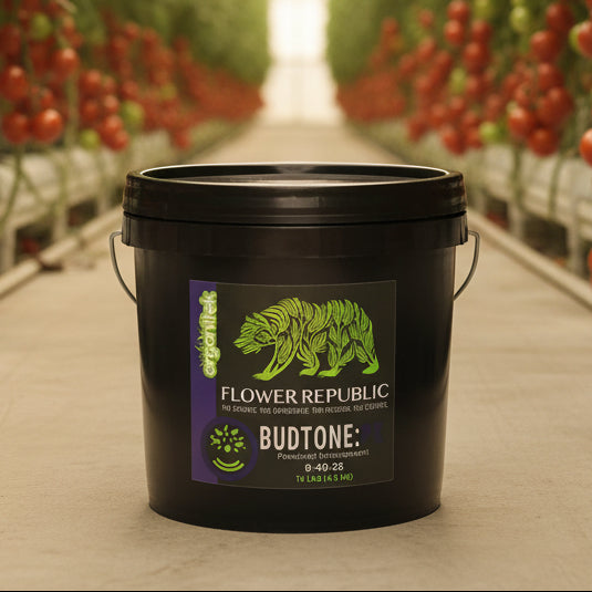 A black plastic 10lb bucket of Flower Republic BudTone:PK powdered fertilizer, featuring a green bear logo and purple label accents.