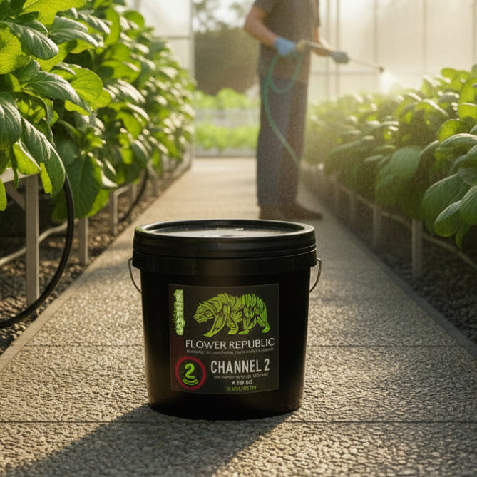 10lb bucket of Flower Republic Channel 2 situated in a greenhouse with a man watering crops in the background. 