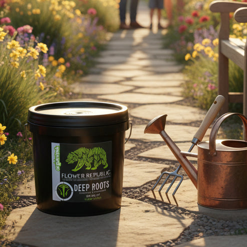 A 10 lb bucket of Flower Republic Deep Roots situated in a garden. 