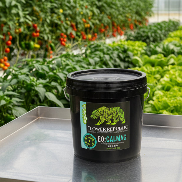 10 lb Bucket of Flower Republic EQ:CALMAG in a commercial greenhouse
