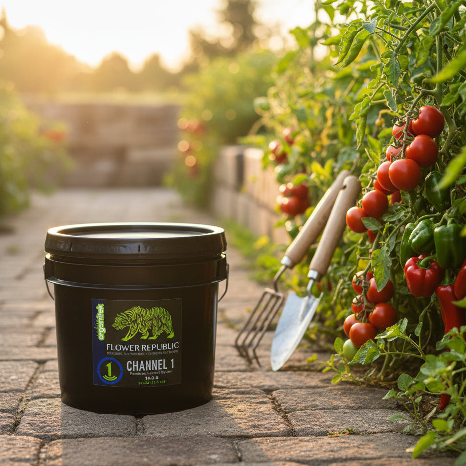 A 25 lb black plastic bucket of Flower Republic Channel 1 fertilizer in a vegetable garden. 