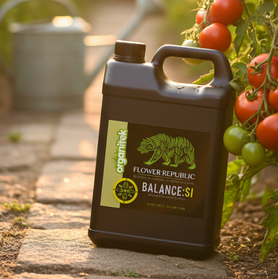 Flower Republic Balance:SI sitting in a garden path, next to tomato plants full of fruit. 