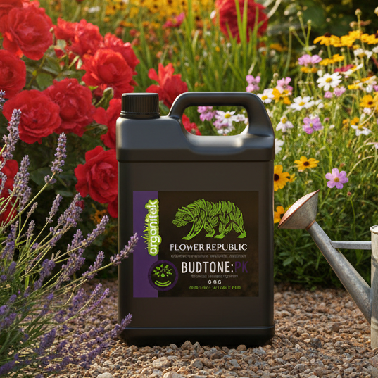 A black plastic jug of Organitek Flower Republic BudTone:PK fertilizer stands on gravel in a garden with red flowers, lavender, and a metal watering can nearby.