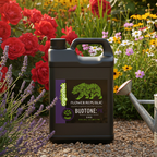 A black plastic jug of Organitek Flower Republic BudTone:PK fertilizer stands on gravel in a garden with red flowers, lavender, and a metal watering can nearby.
