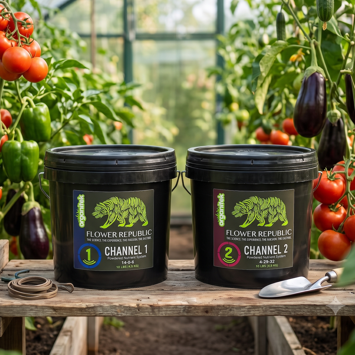 Two black plastic buckets of Flower Republic Plant Food, labeled Channel 1 and Channel 2, displayed on a wooden table inside a greenhouse surrounded by tomato and eggplant plants.