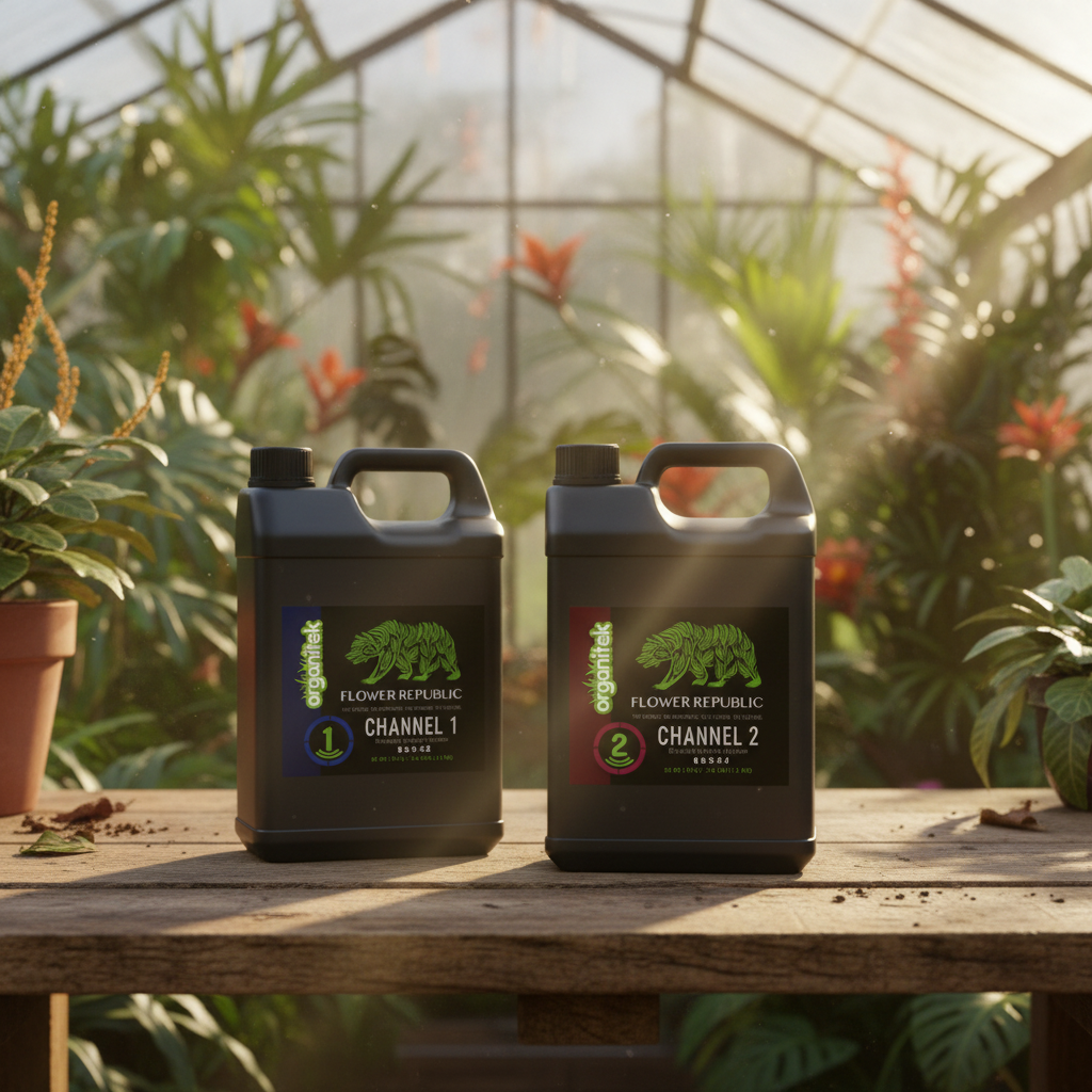 Two black plastic jugs of Flower Republic Channel 1 and Channel 2, displayed on a wooden table inside a sunlit greenhouse surrounded by lush plants.