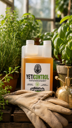 YetiControl by Organitek in a greenhouse surrounded by plants and some gardening gloves