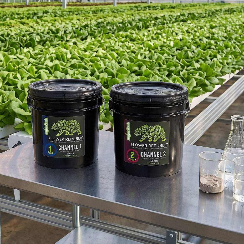 Two black buckets of Flower Republic hydroponic nutrient solution labeled Channel 1 and Channel 2, placed on a metal table in a greenhouse with rows of green plants in the background.